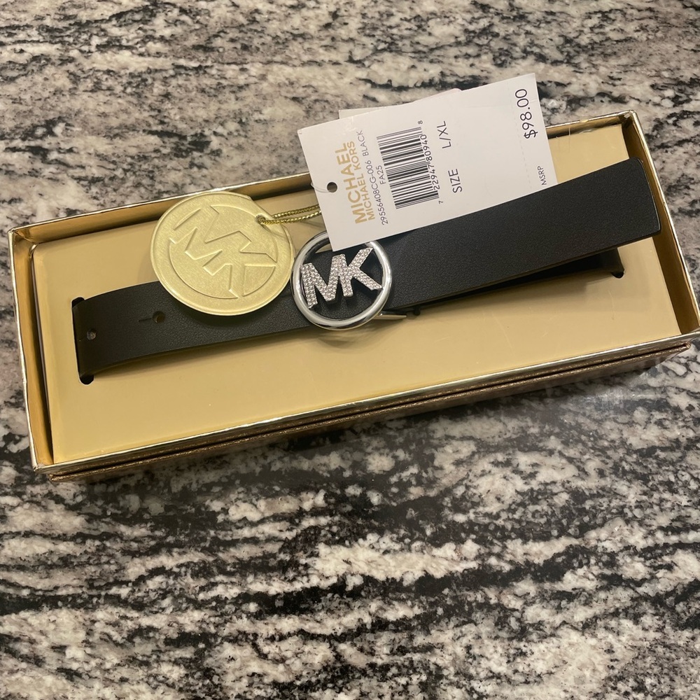 Michael Kors Crystal MK Logo Belt – Black | New in MK Gift Box